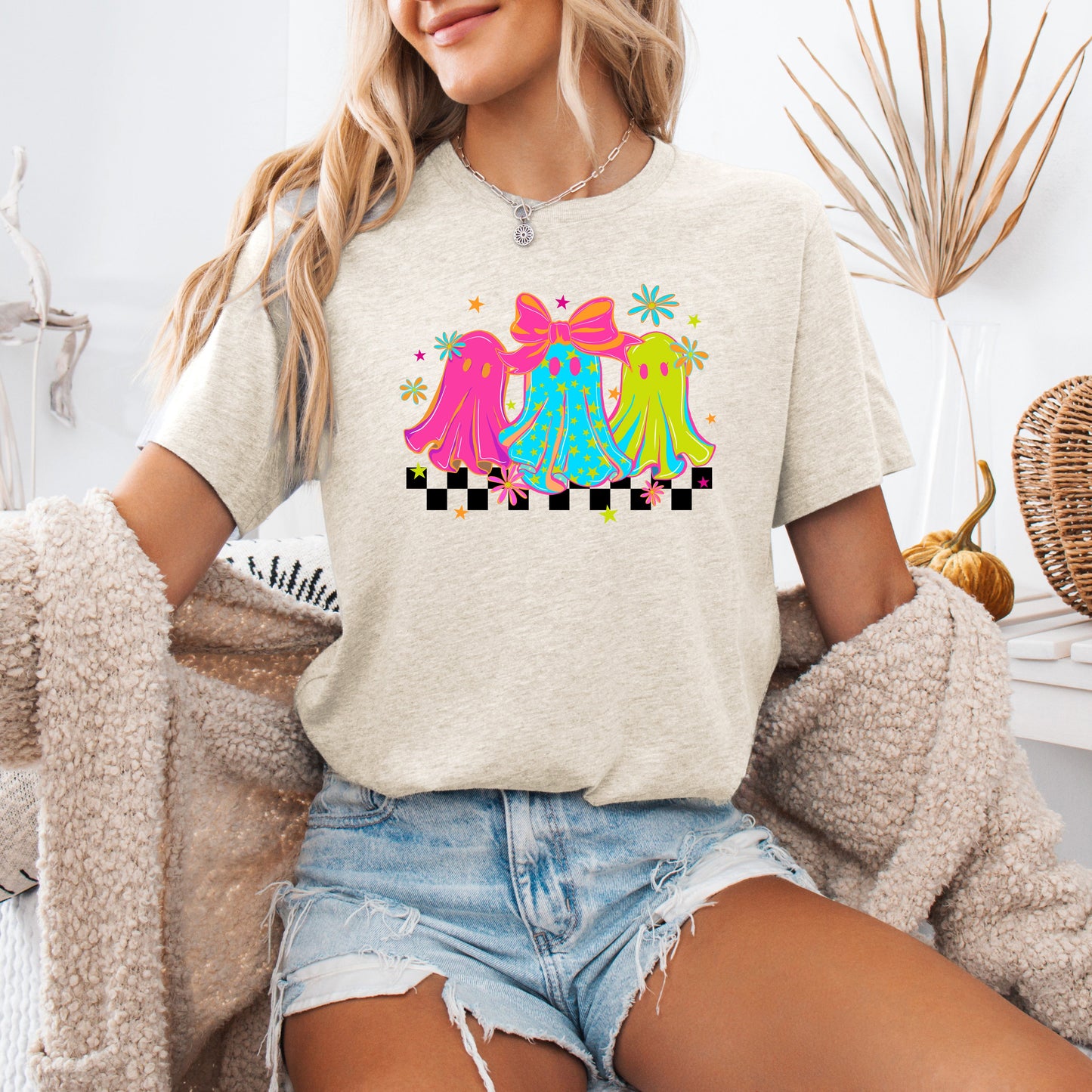 Bright and Colorful Checkered Retro Halloween Ghosts Tshirt Refinery Number One
