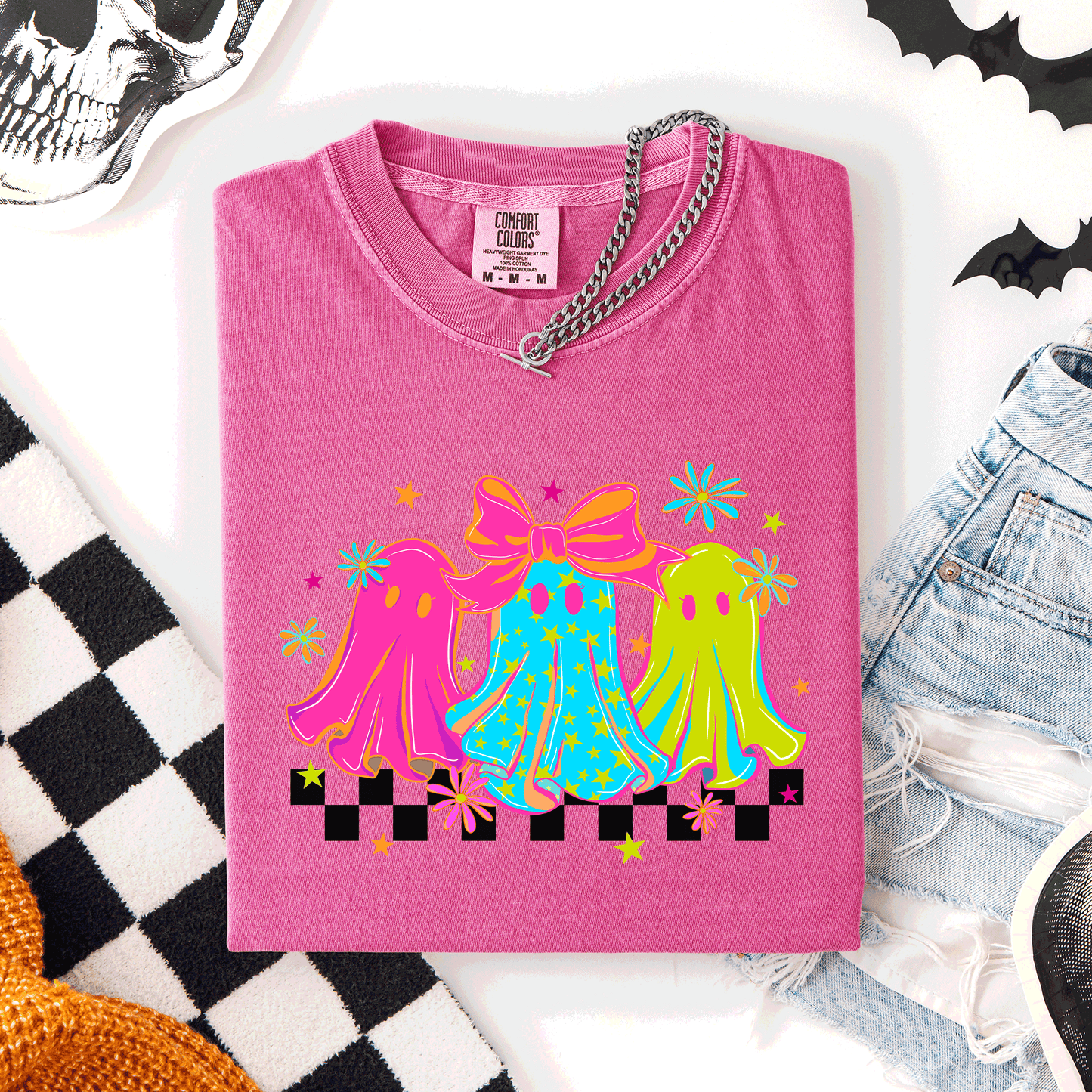 Bright and Colorful Retro Checkered Halloween Ghosts Comfort Colors T-Shirt Refinery Number One