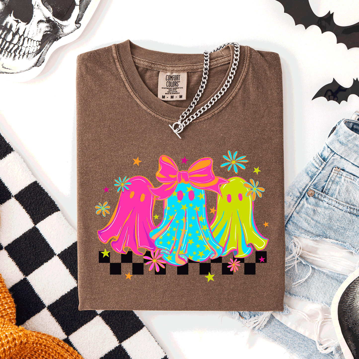 Bright and Colorful Retro Checkered Halloween Ghosts Comfort Colors T-Shirt Refinery Number One