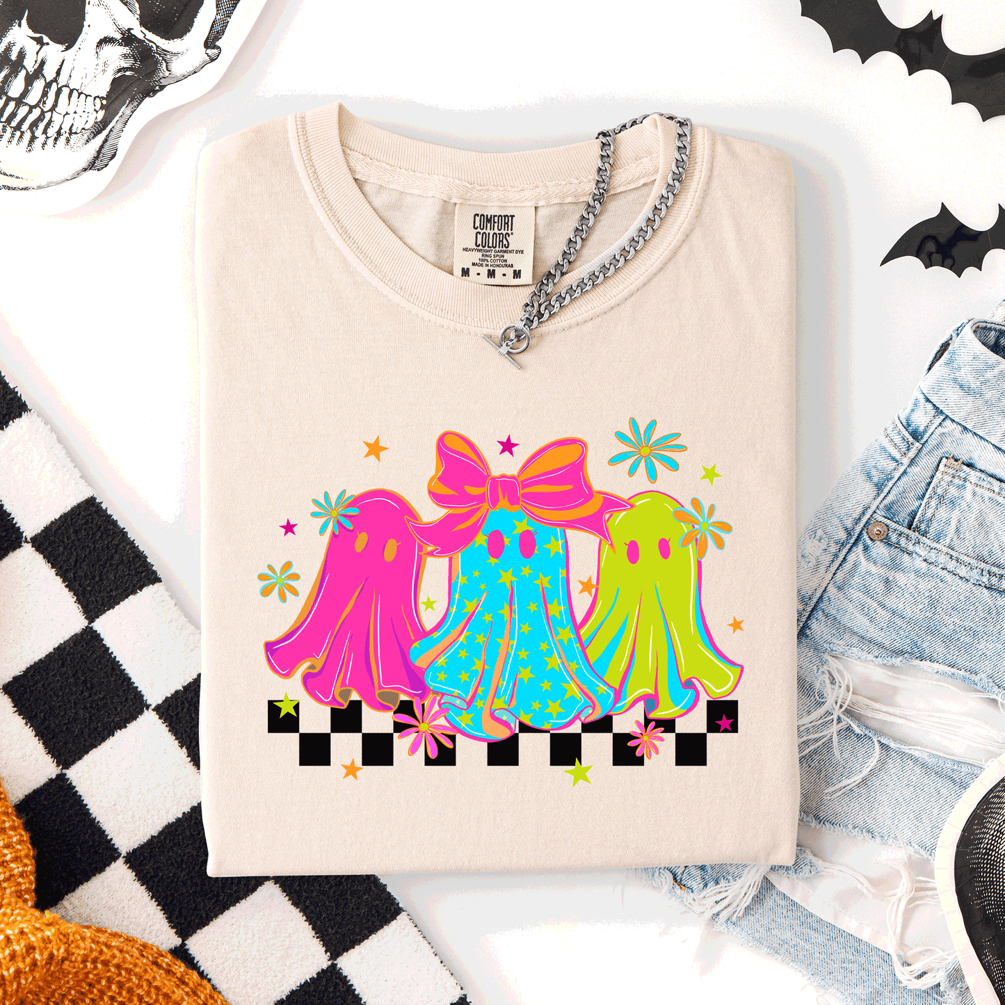 Bright and Colorful Retro Checkered Halloween Ghosts Comfort Colors T-Shirt Refinery Number One