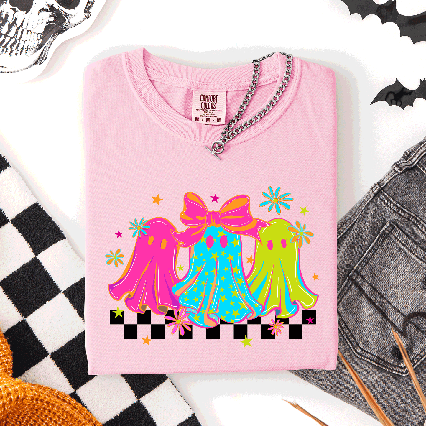 Bright and Colorful Retro Checkered Halloween Ghosts Comfort Colors T-Shirt Refinery Number One