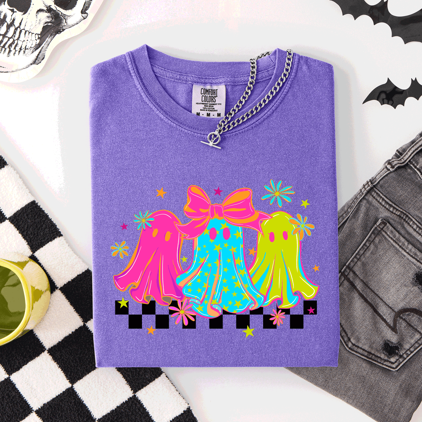Bright and Colorful Retro Checkered Halloween Ghosts Comfort Colors T-Shirt Refinery Number One
