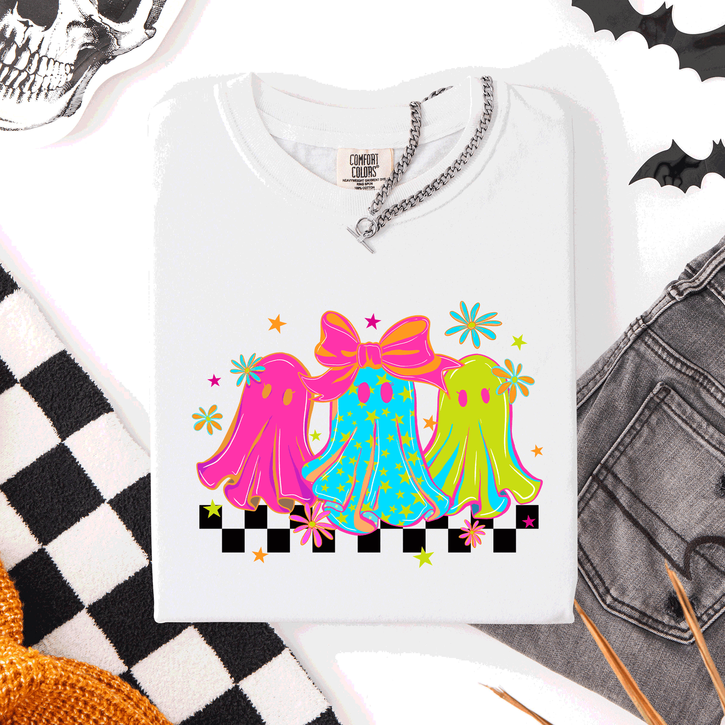Bright and Colorful Retro Checkered Halloween Ghosts Comfort Colors T-Shirt Refinery Number One