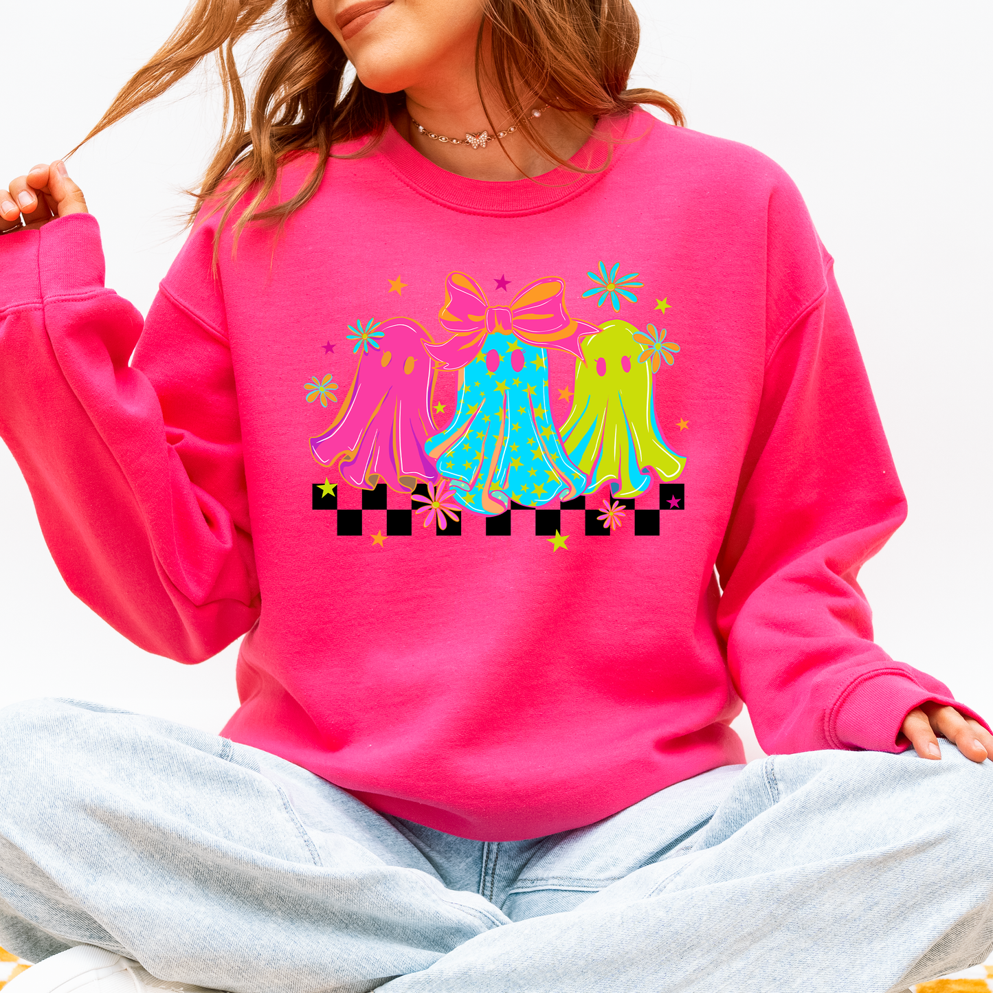 Bright and Colorful Retro Checkered Halloween Ghosts Sweatshirt Refinery Number One