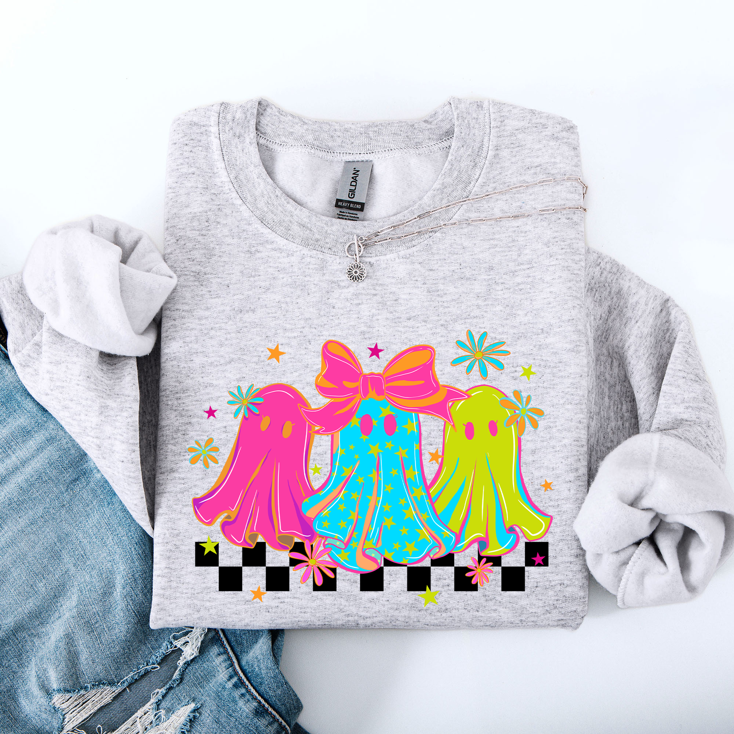 Bright and Colorful Retro Checkered Halloween Ghosts Sweatshirt Refinery Number One