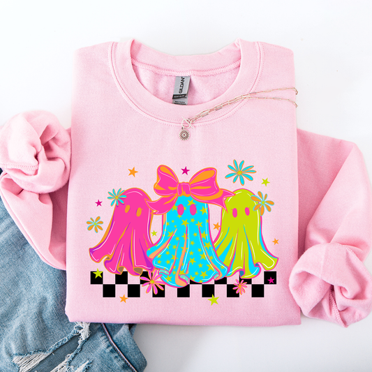 Bright and Colorful Retro Checkered Halloween Ghosts Sweatshirt Refinery Number One