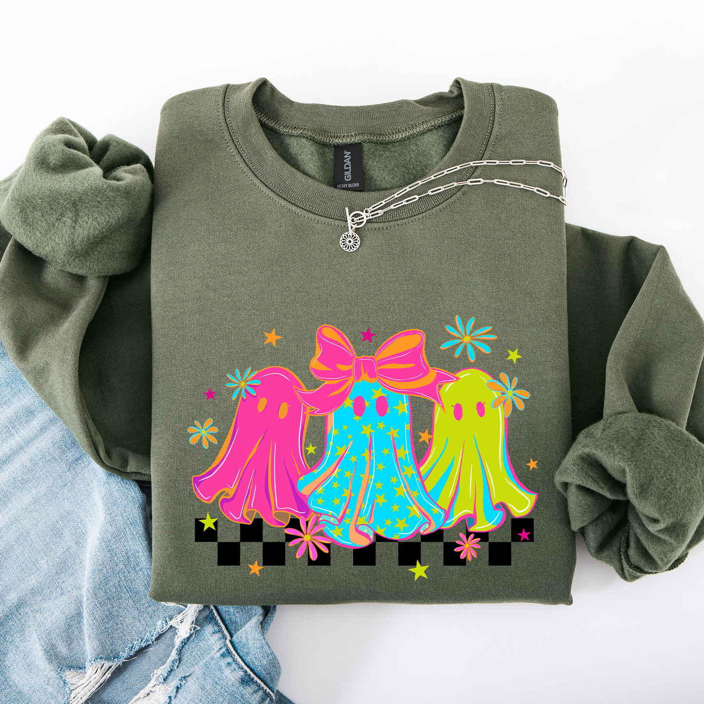 Bright and Colorful Retro Checkered Halloween Ghosts Sweatshirt Refinery Number One