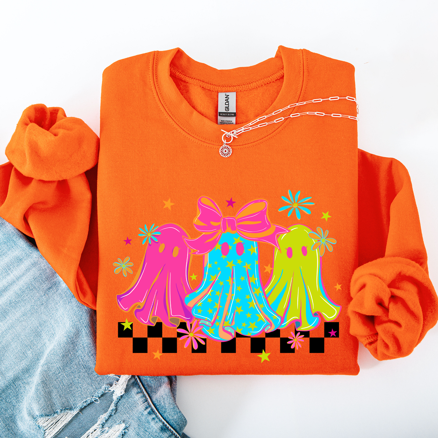 Bright and Colorful Retro Checkered Halloween Ghosts Sweatshirt Refinery Number One