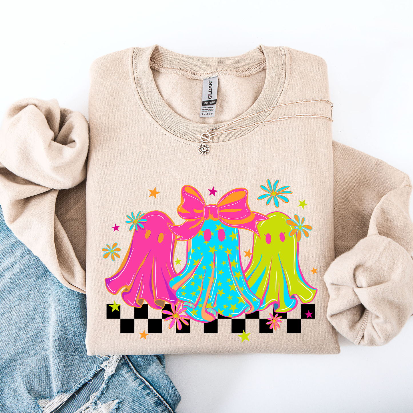 Bright and Colorful Retro Checkered Halloween Ghosts Sweatshirt Refinery Number One