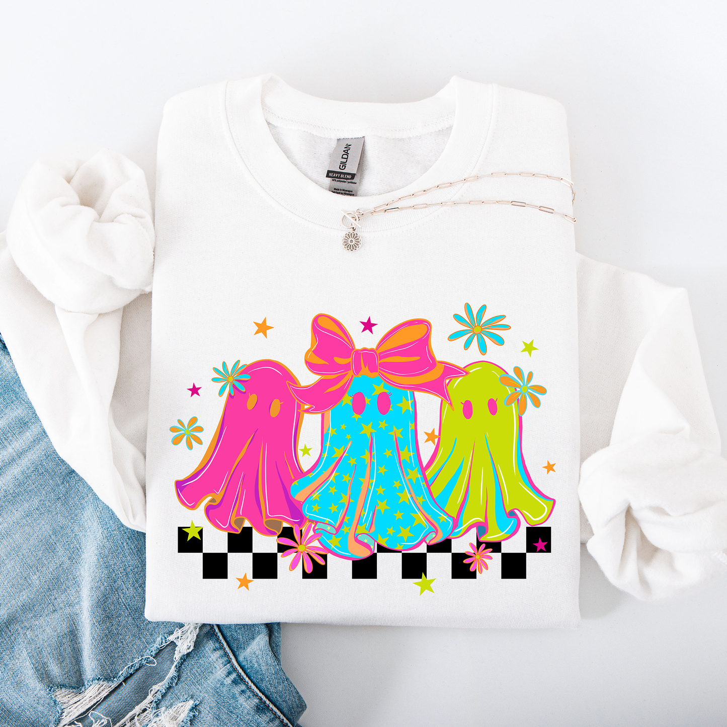 Bright and Colorful Retro Checkered Halloween Ghosts Sweatshirt Refinery Number One