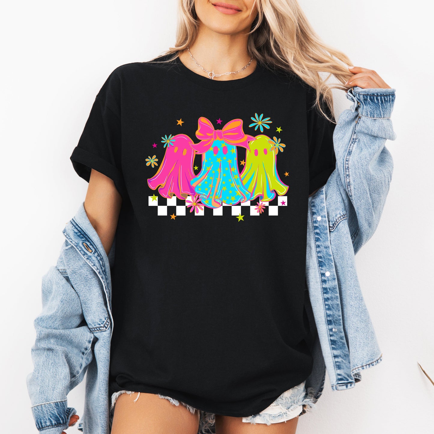 Bright and Colorful Checkered Retro Halloween Ghosts Tshirt Refinery Number One