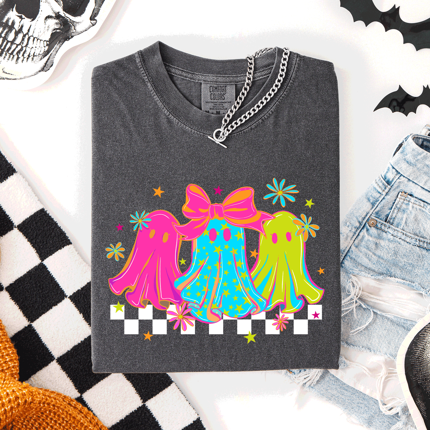 Bright and Colorful Retro Checkered Halloween Ghosts Comfort Colors T-Shirt Refinery Number One