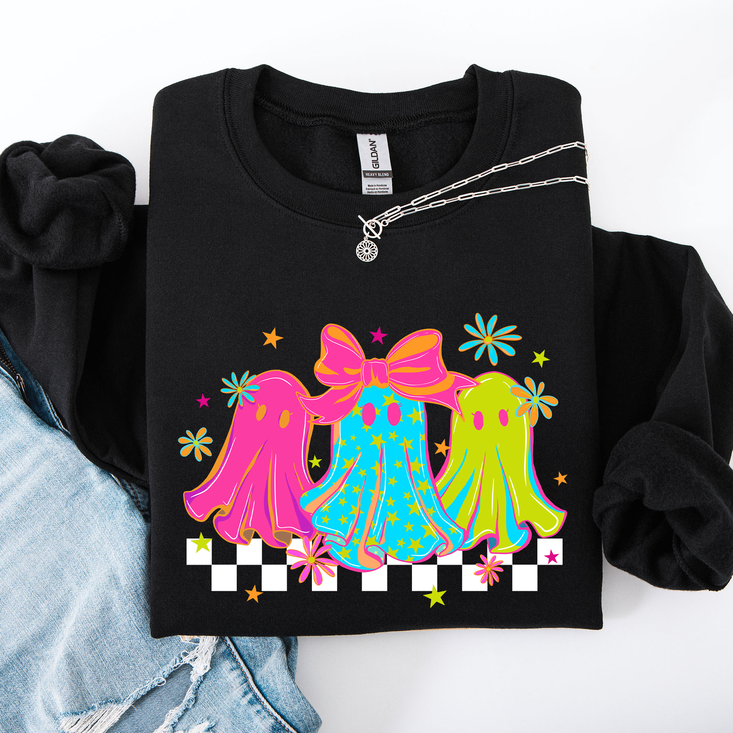 Bright and Colorful Retro Checkered Halloween Ghosts Sweatshirt Refinery Number One