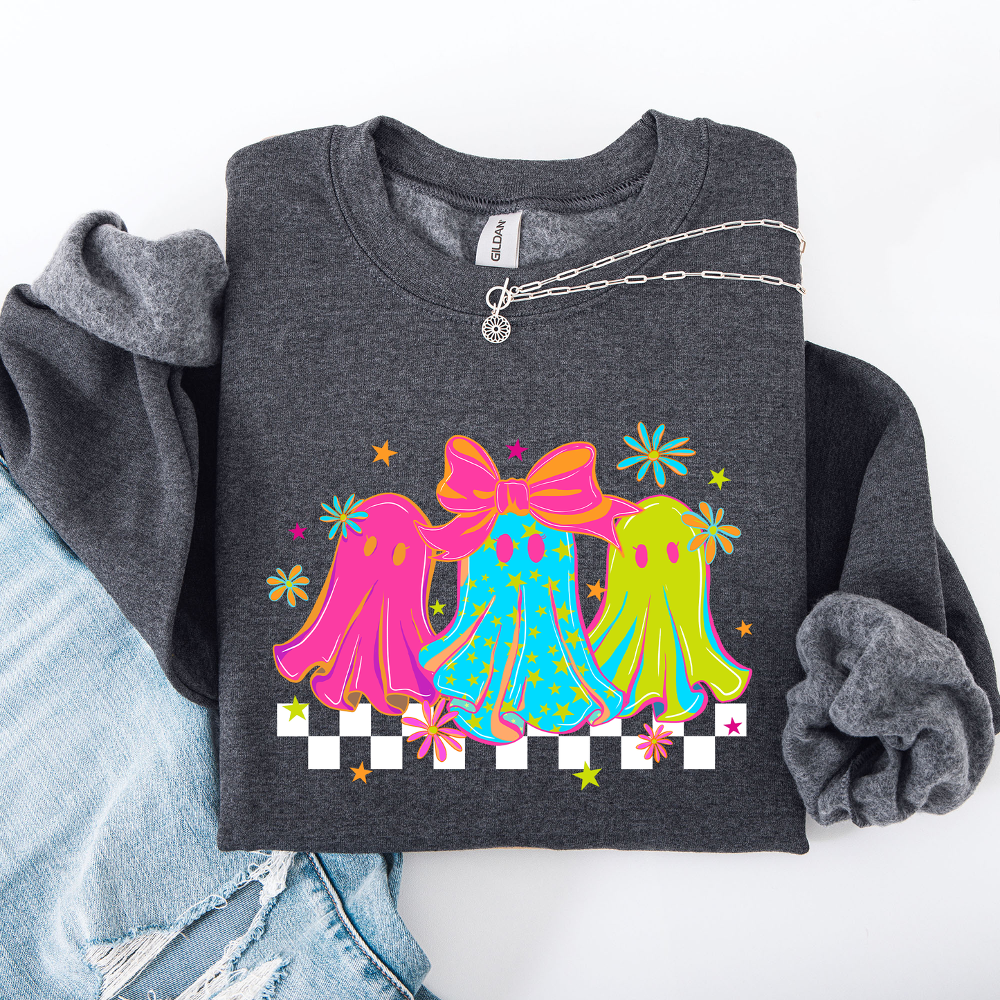 Bright and Colorful Retro Checkered Halloween Ghosts Sweatshirt Refinery Number One