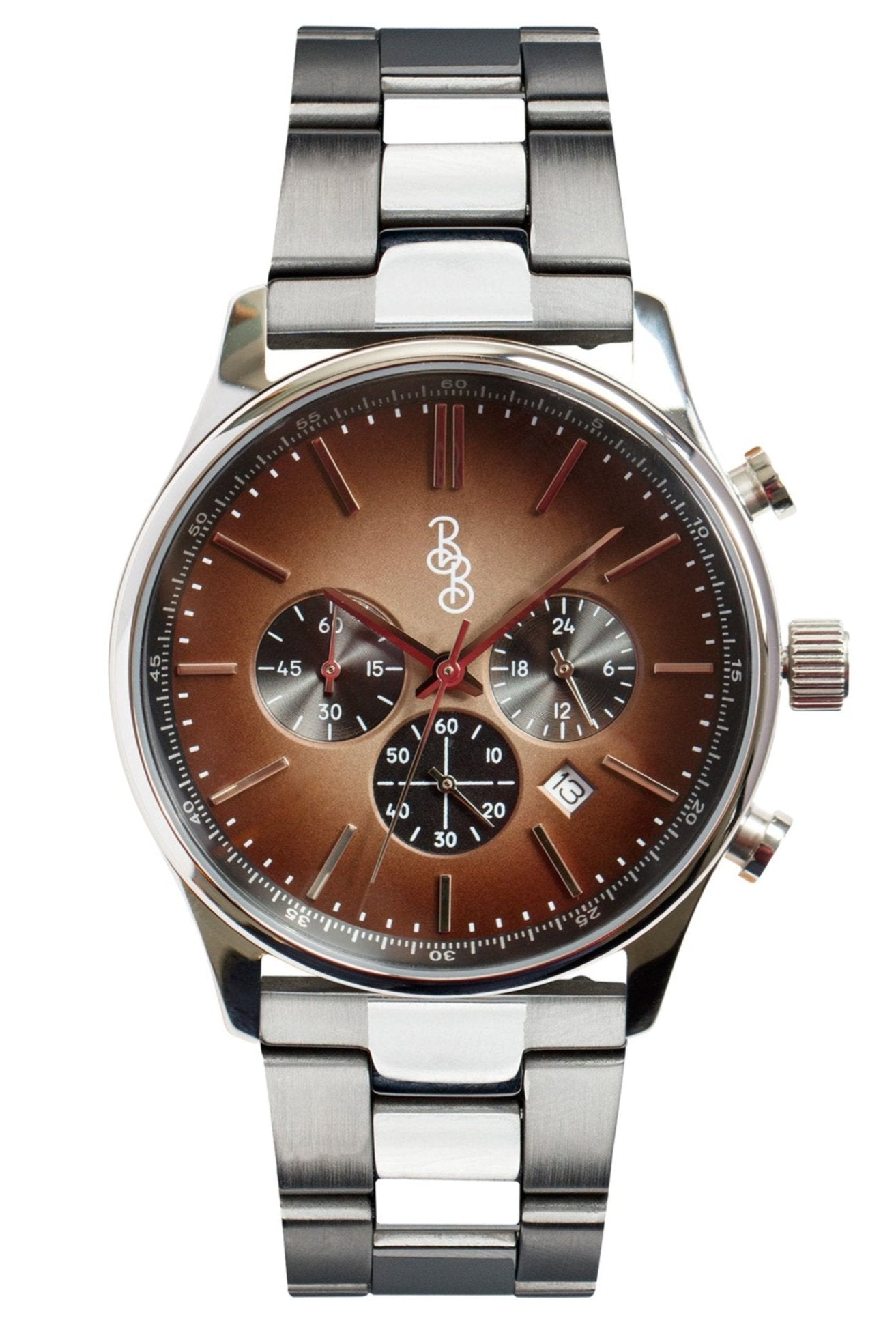 Brown Retro Chronograph Watch with Leather or Stainless Steel Strap