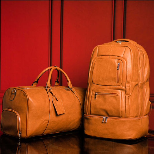 Brown Tumbled Leather Signature Backpack and Duffle Bag Set