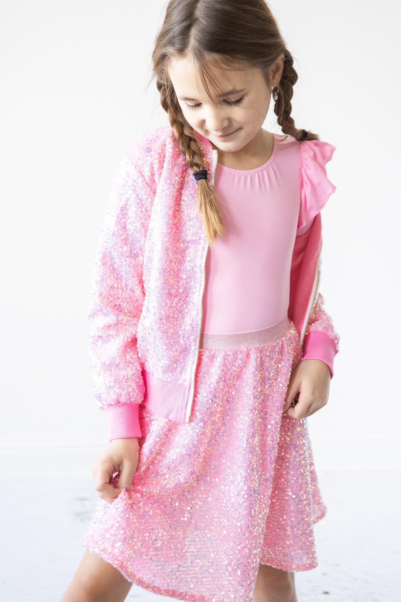 Bubblegum Pink Sequin Twirl Skort with Built-In Shorts