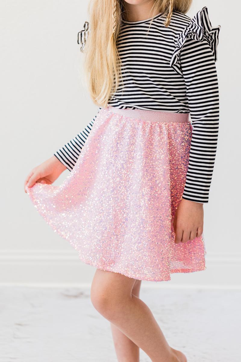 Bubblegum Pink Sequin Twirl Skort with Built-In Shorts