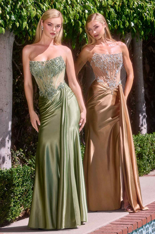 Ladivine C169 Strapless Corset Bodice Beaded Satin Gown
