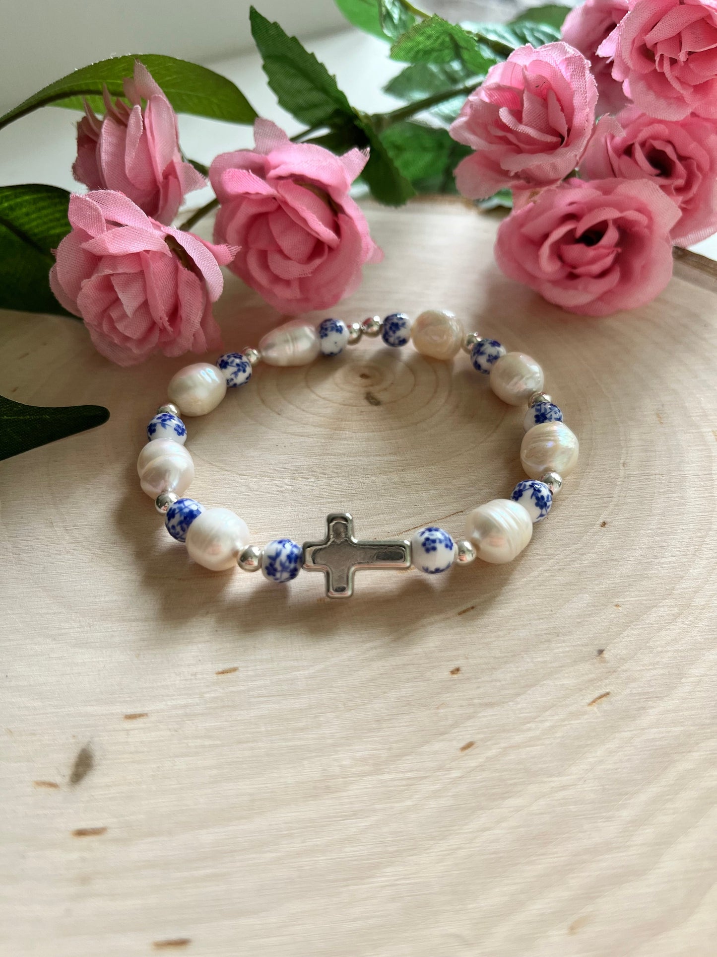 Floral Pearl Cross Bracelet Christian Jewelry for Women Saved By Christ Design