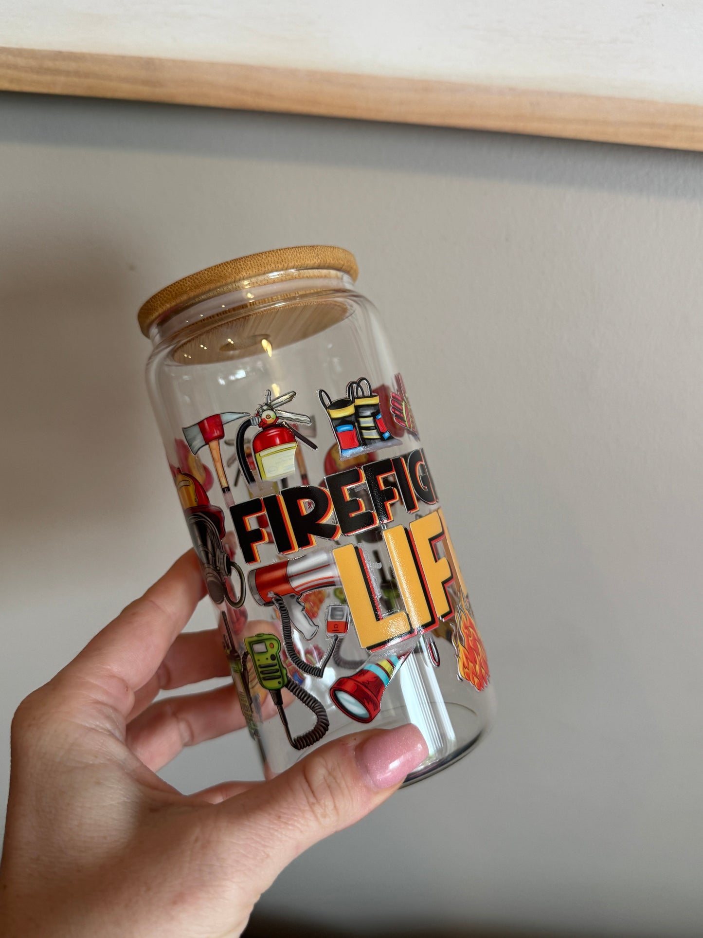 Firefighter Life 16oz Glass Cup Sawdust and Cedar