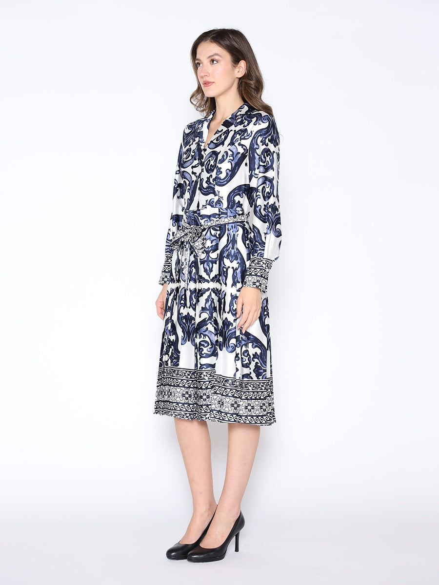 Floral Long Sleeve Tie Belt Dress Lapel Collar Gracia D36953