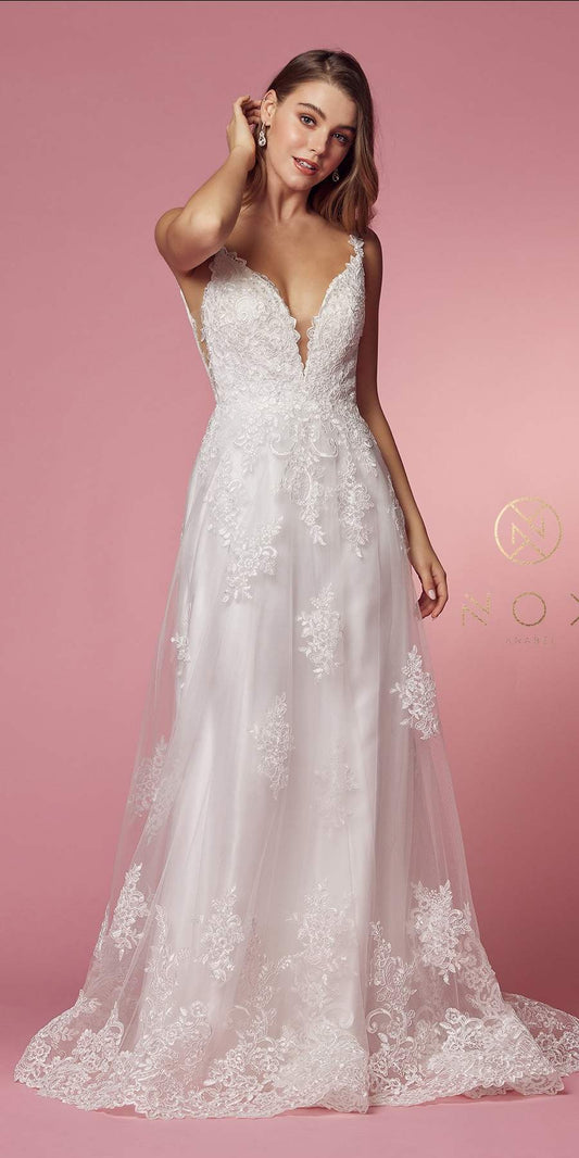 Nox Anabel C461 A-Line V-Neck Side Cutout Lace Strap Ball Gown