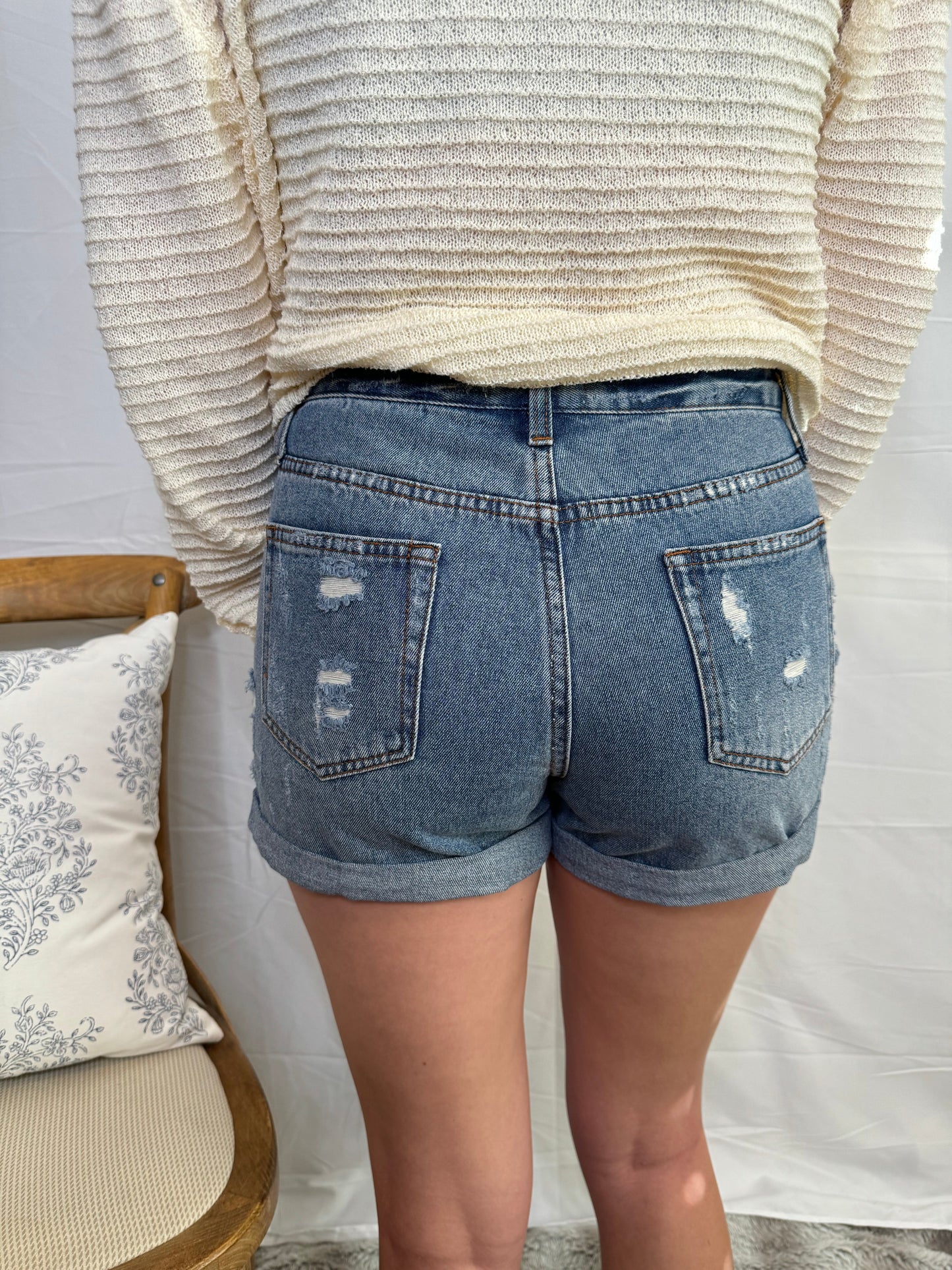 Distressed High Waisted Medium Denim Shorts