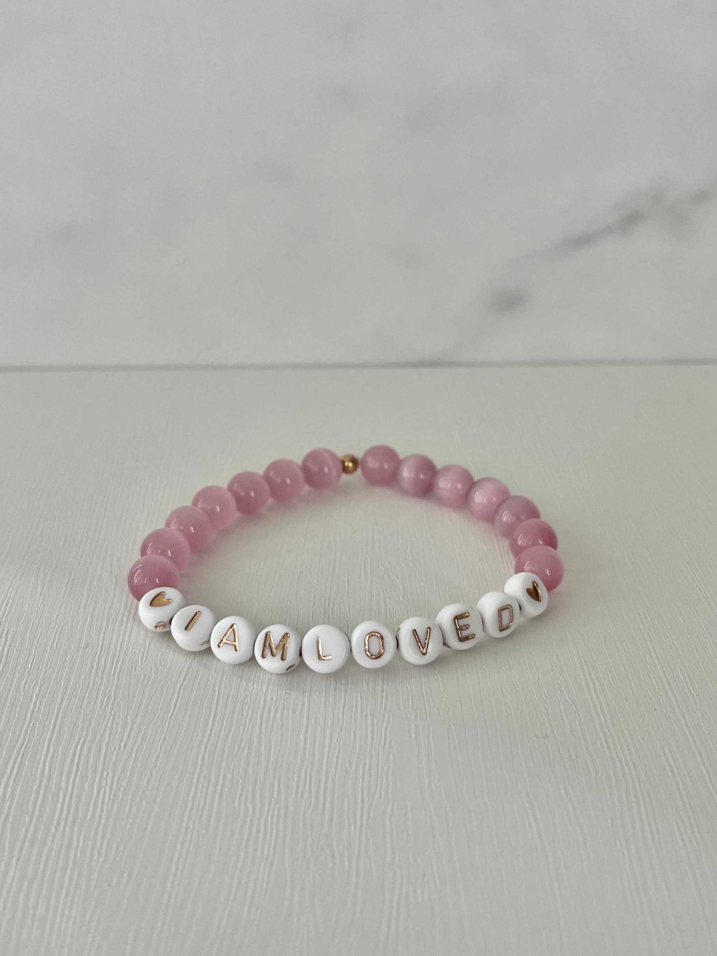 Pink Opal and White Bead I Am Loved Bracelet Christian Jewelry