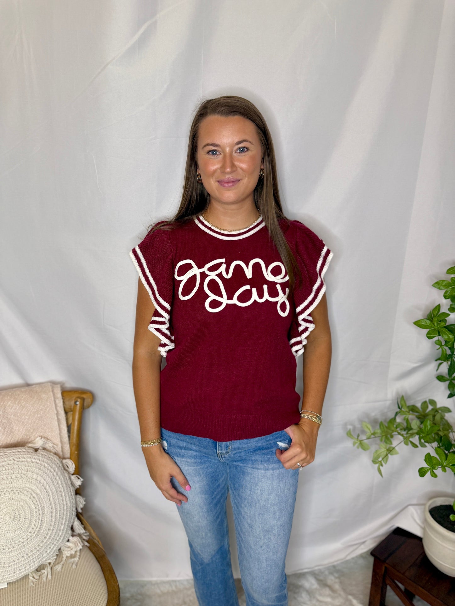 Game Day Ruffle Sleeve Sweater Burgundy Sweet Jude Boutique