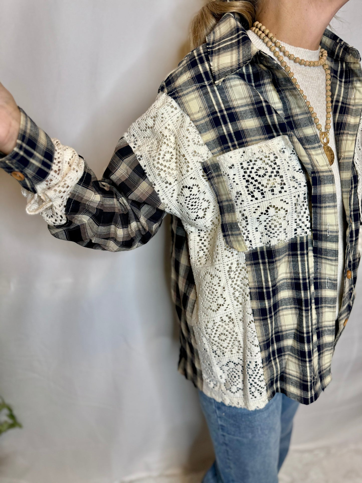 Lace Contrast Navy Multi Flannel Top Sweet Jude Boutique