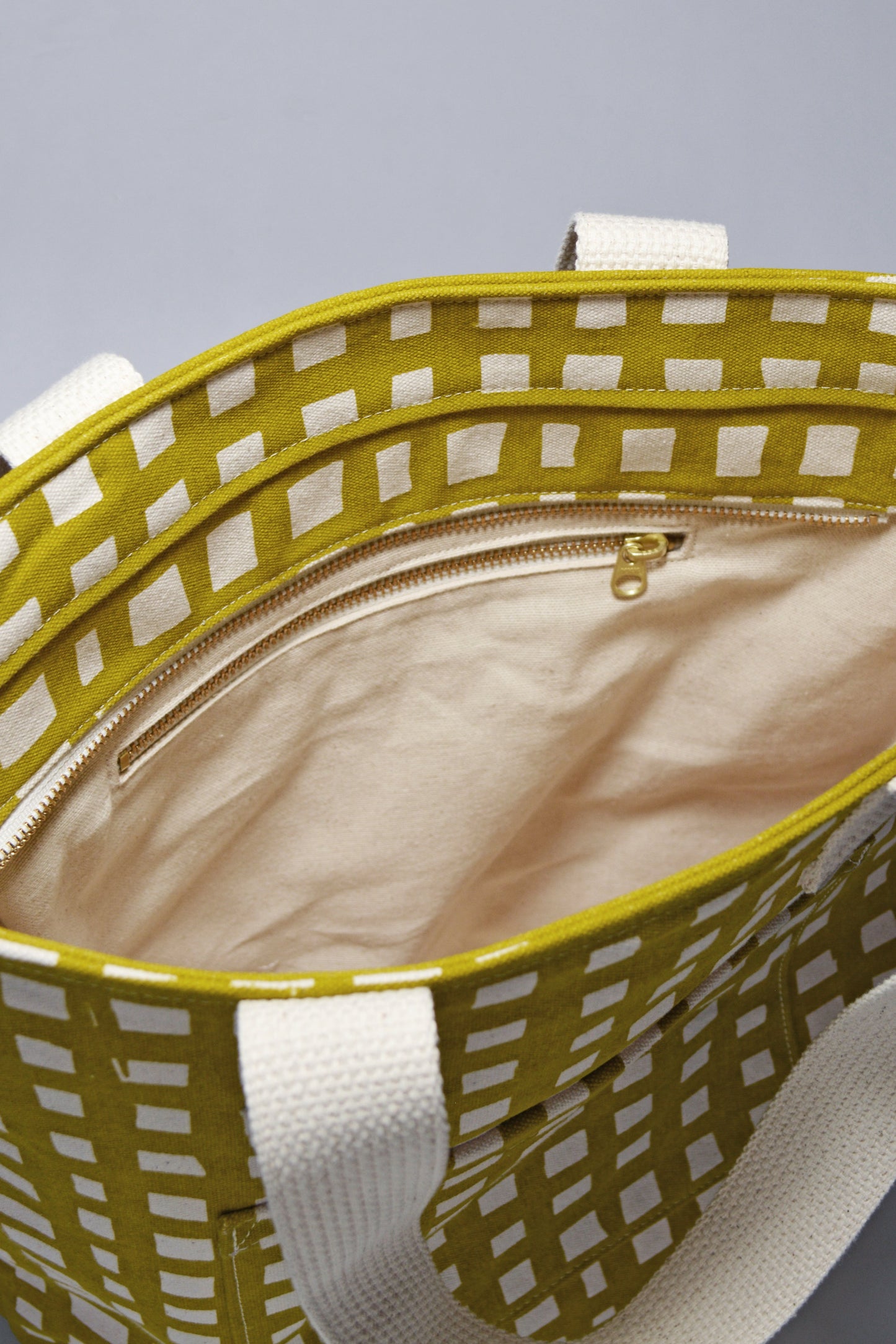 Grid Carry All Tote Cotton Canvas Zip Top Tote Bag