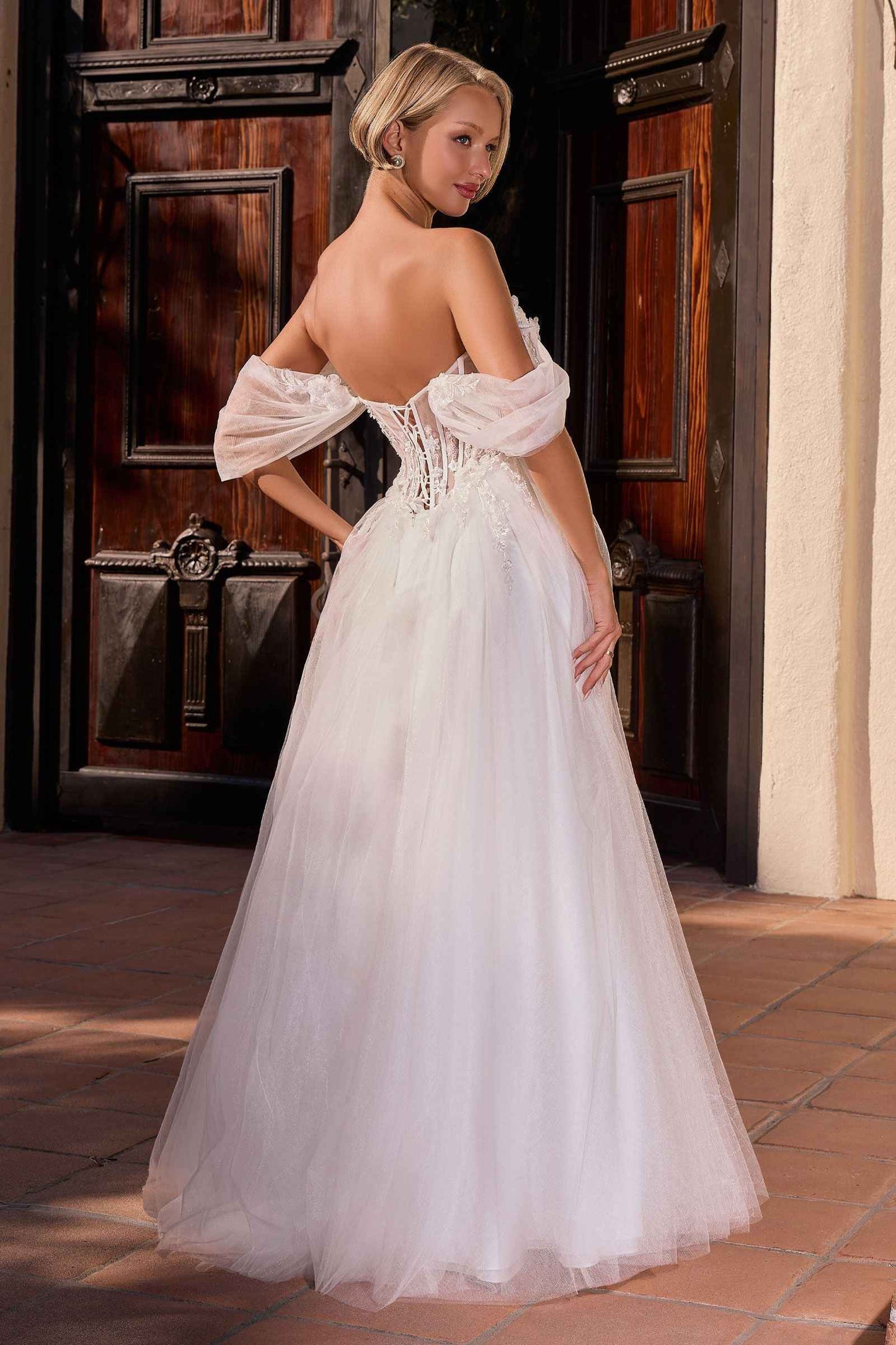Ladivine CD2426W Off-Shoulder Corset Tulle Ball Gown with Floral Applique