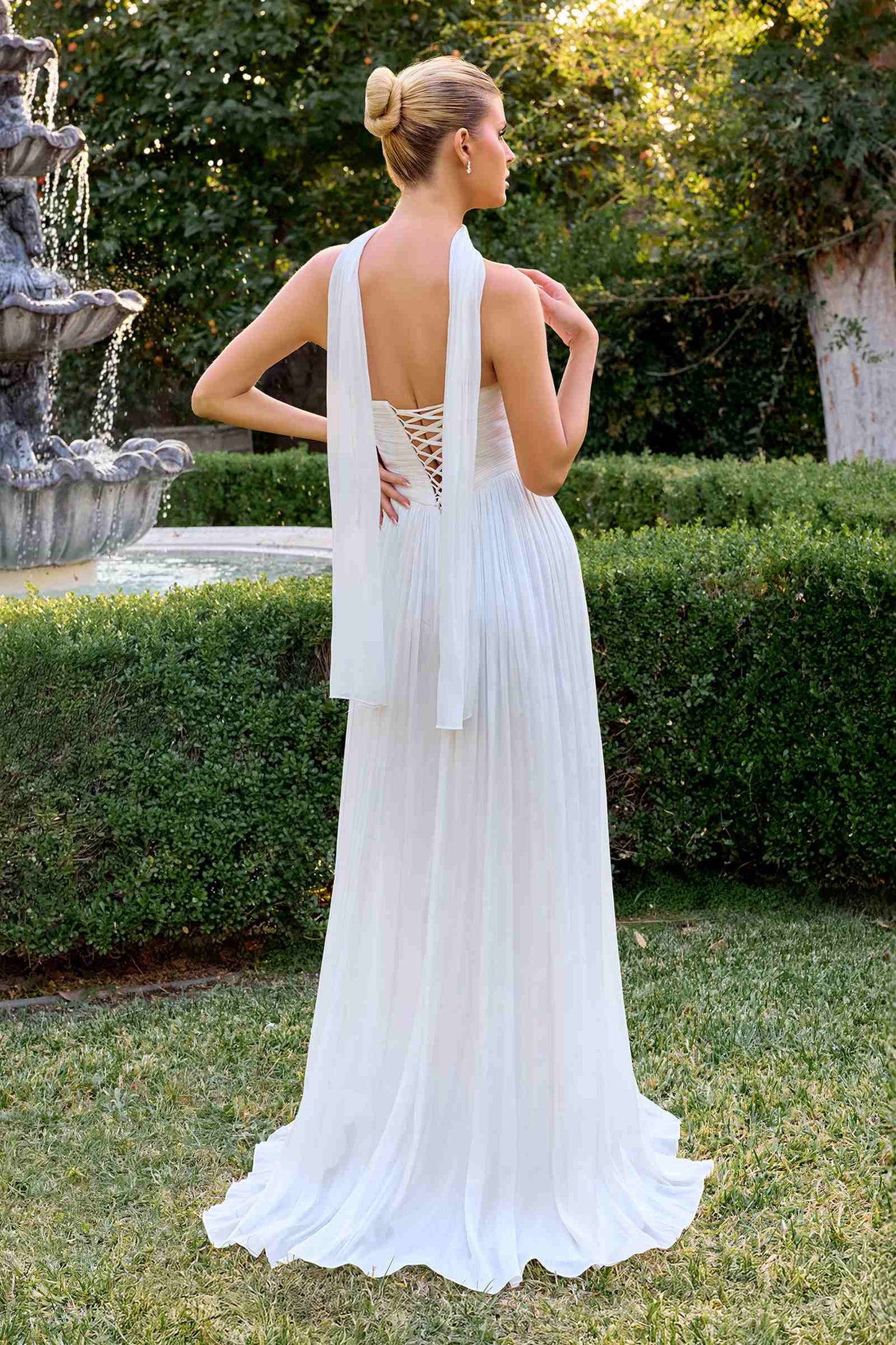 Ladivine CD410W Sculpted Sweetheart Pleated Chiffon A-Line Dress