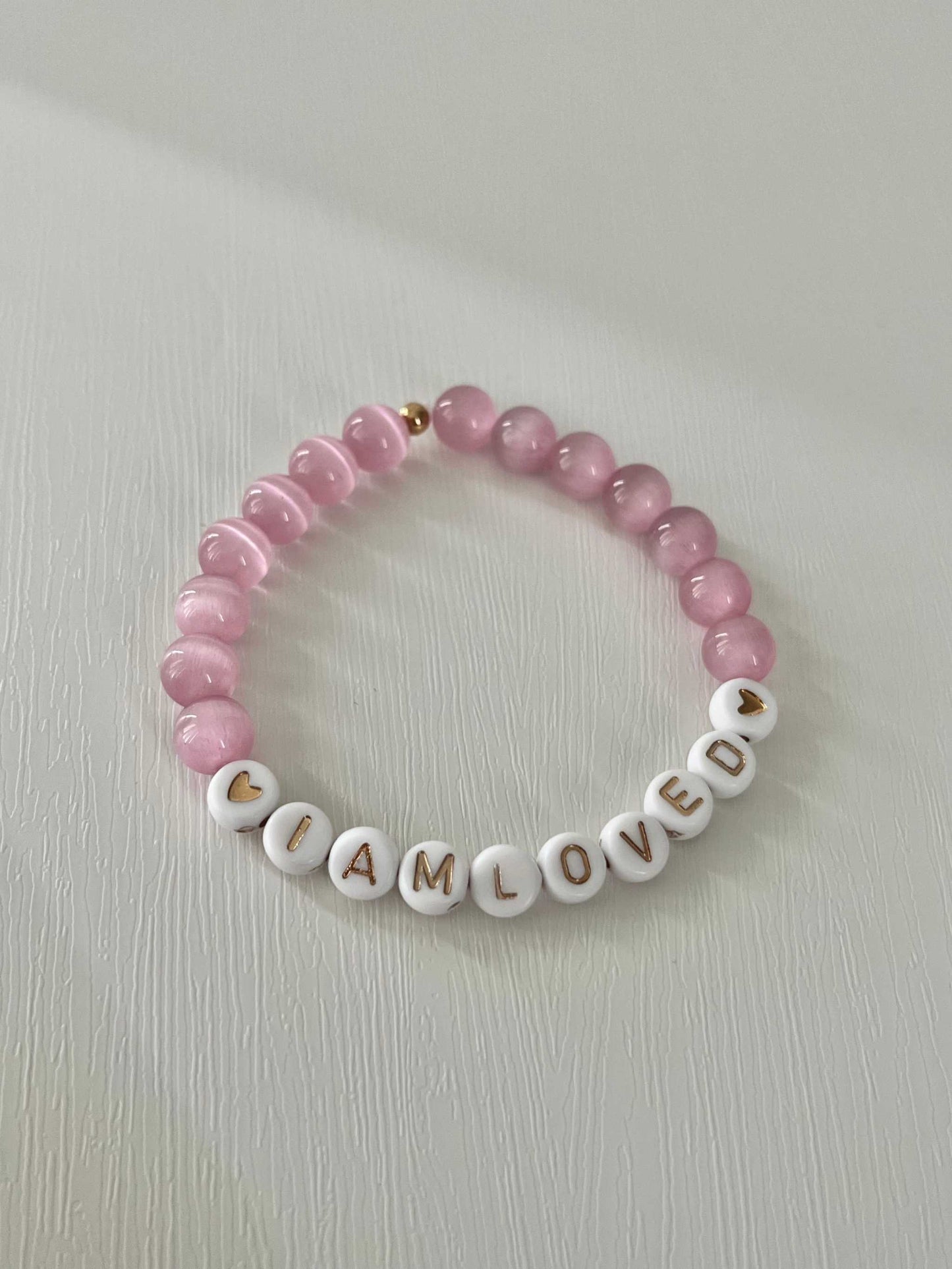 Pink Opal and White Bead I Am Loved Bracelet Christian Jewelry
