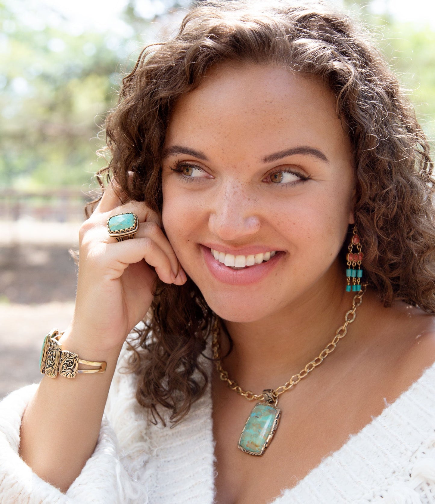 Blue Turquoise Golden Cocktail Ring Bronze Jewelry