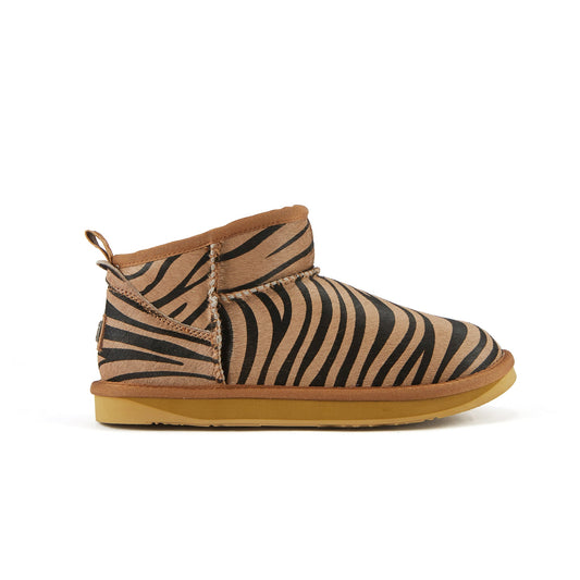 Zebra Printed Cowskin Ultra Short Sheepskin Boot COSY