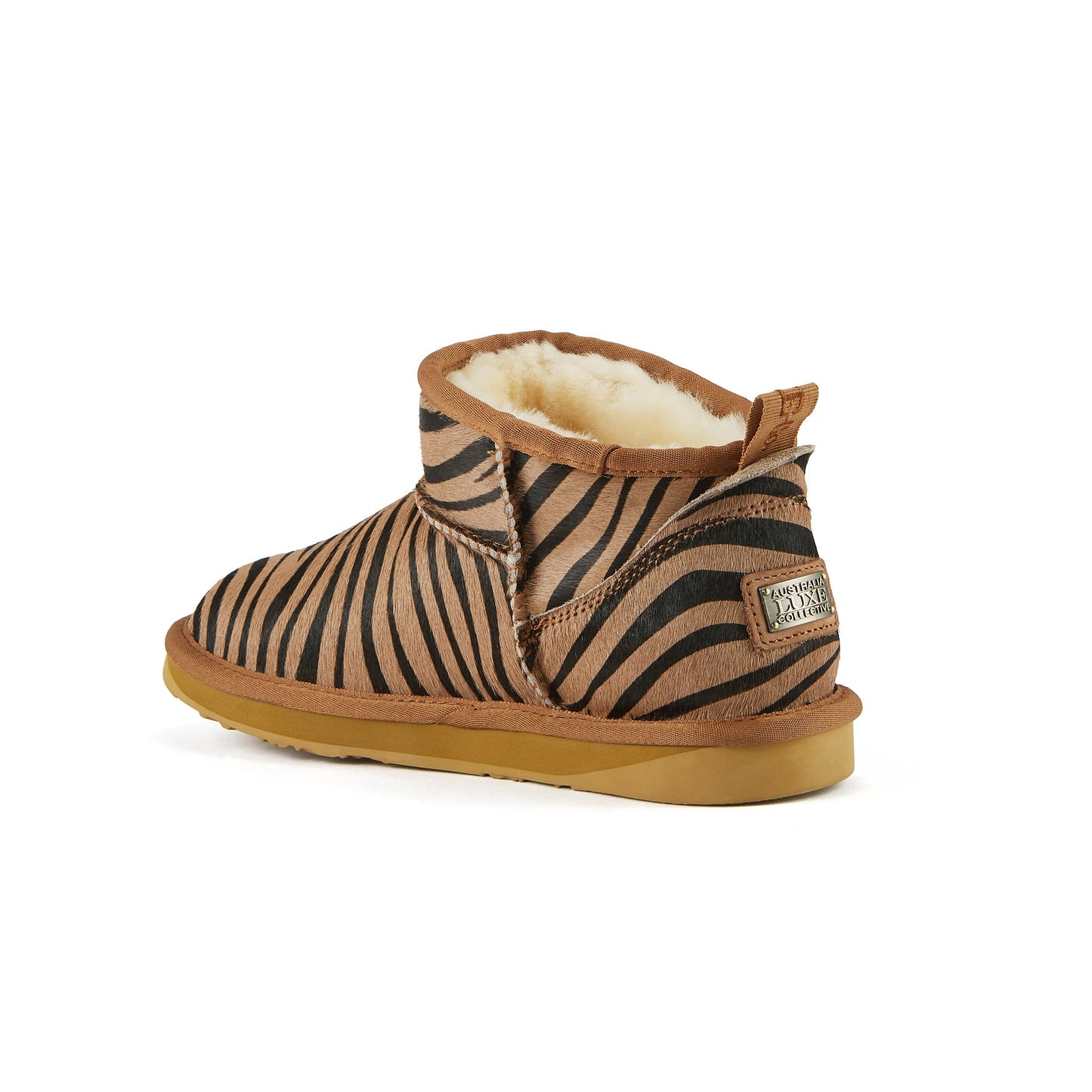 Zebra Printed Cowskin Ultra Short Sheepskin Boot COSY