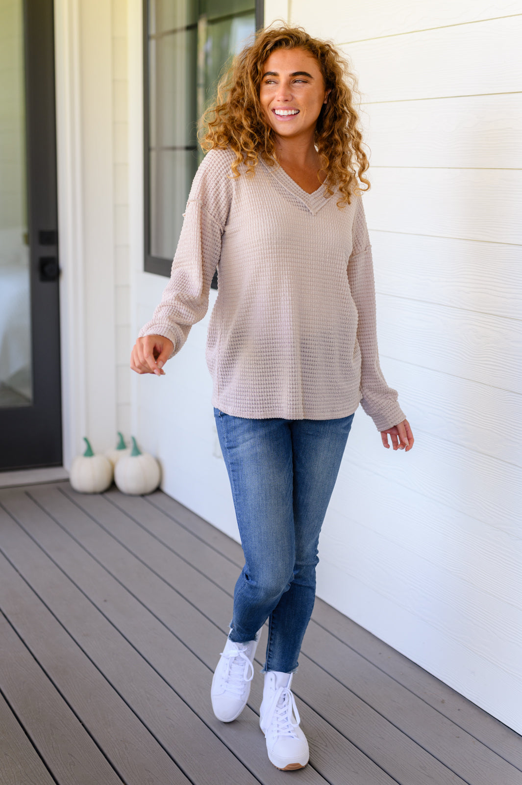 Calm In The Chaos V-Neck Lightweight Waffle Knit Sweater