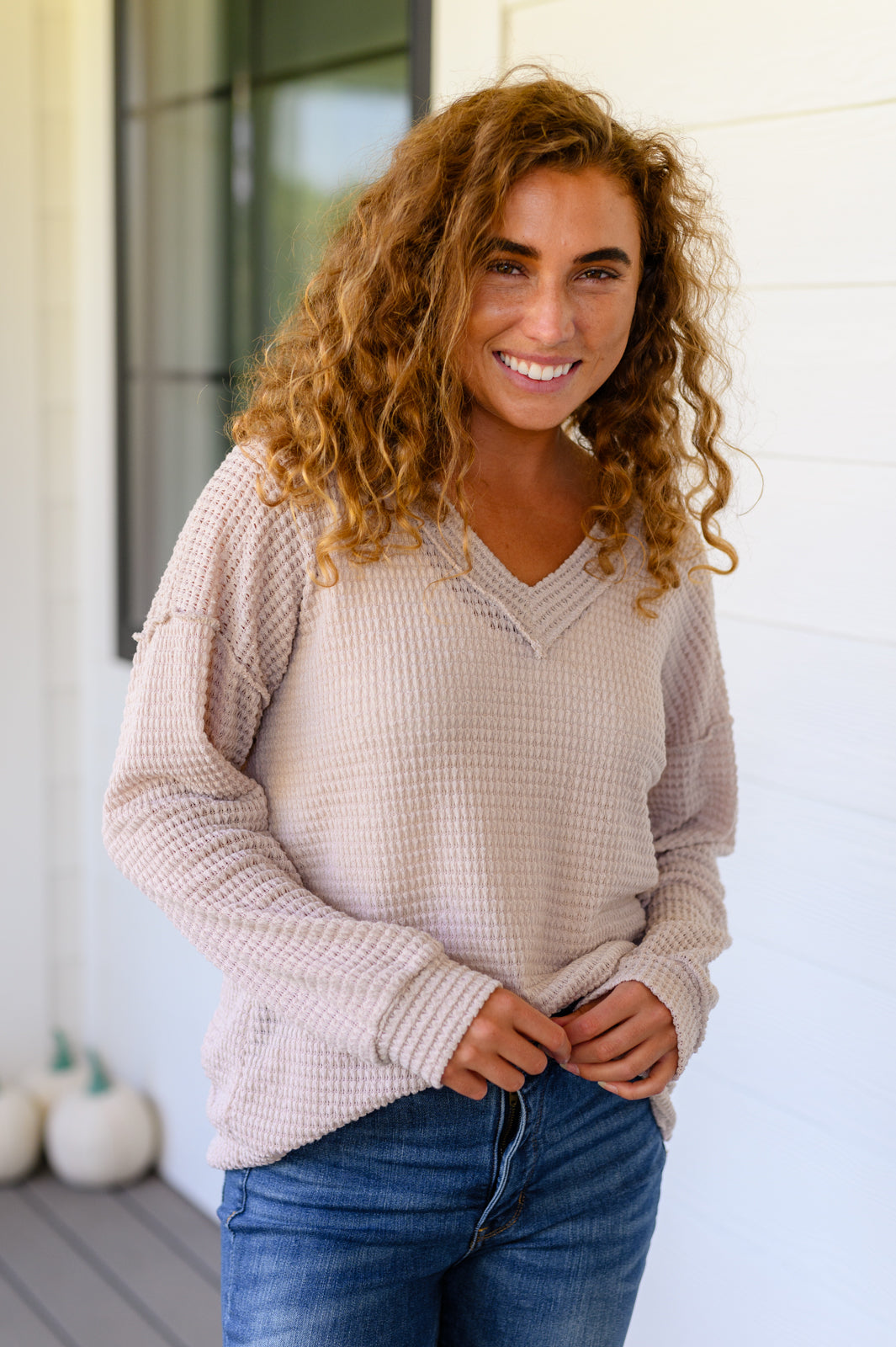 Calm In The Chaos V-Neck Lightweight Waffle Knit Sweater