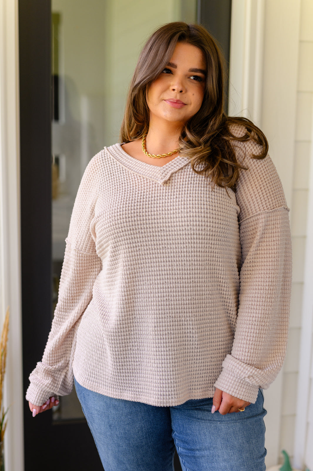 Calm In The Chaos V-Neck Lightweight Waffle Knit Sweater