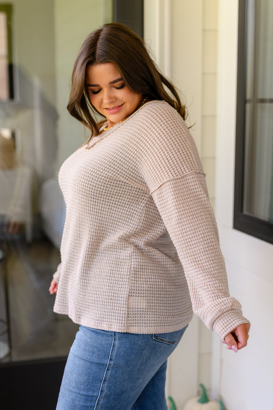 Calm In The Chaos V-Neck Lightweight Waffle Knit Sweater