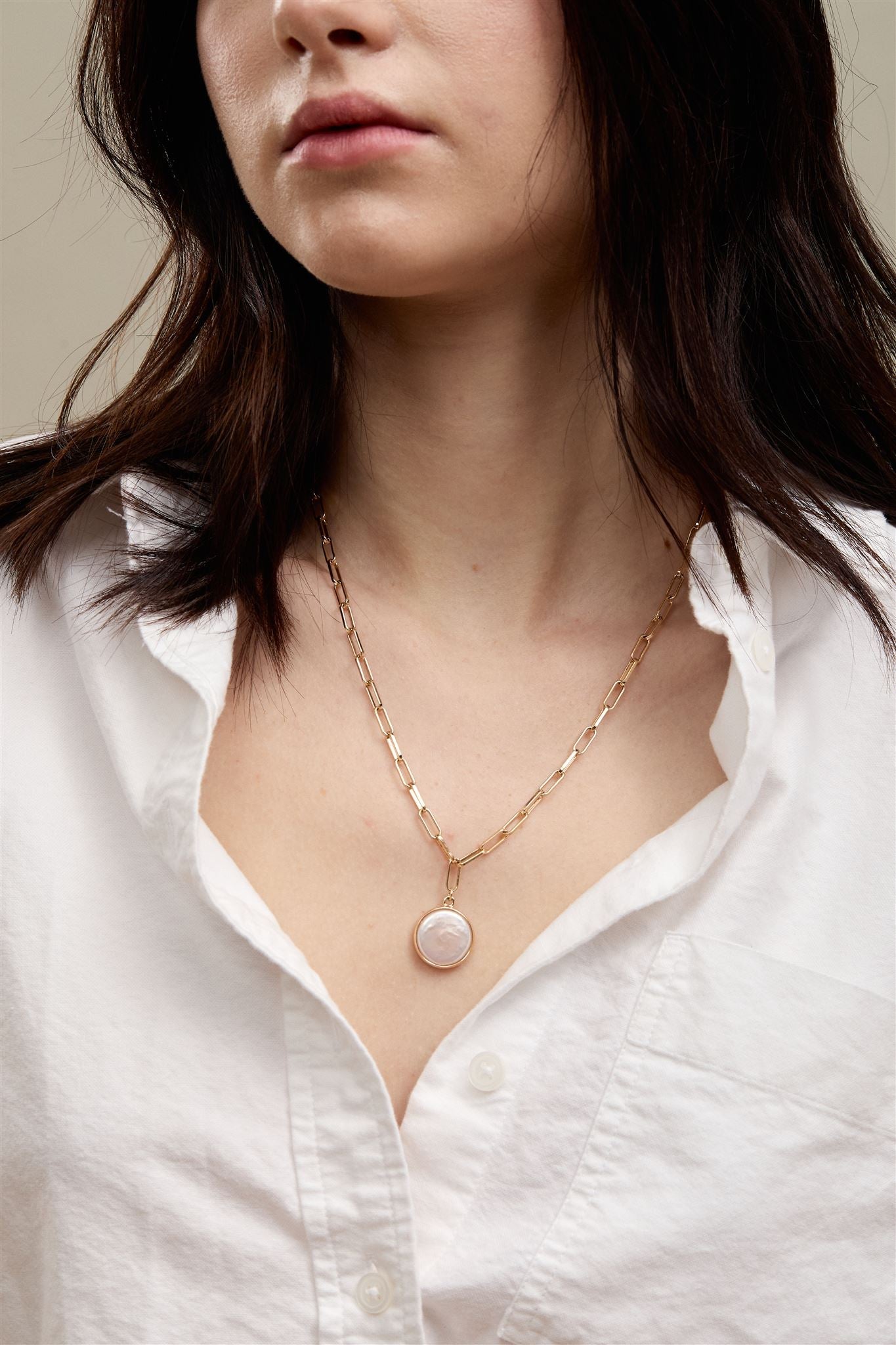 Capri 24k Gold Elongated Paperclip Necklace with Freshwater Baroque Pearl Pendant