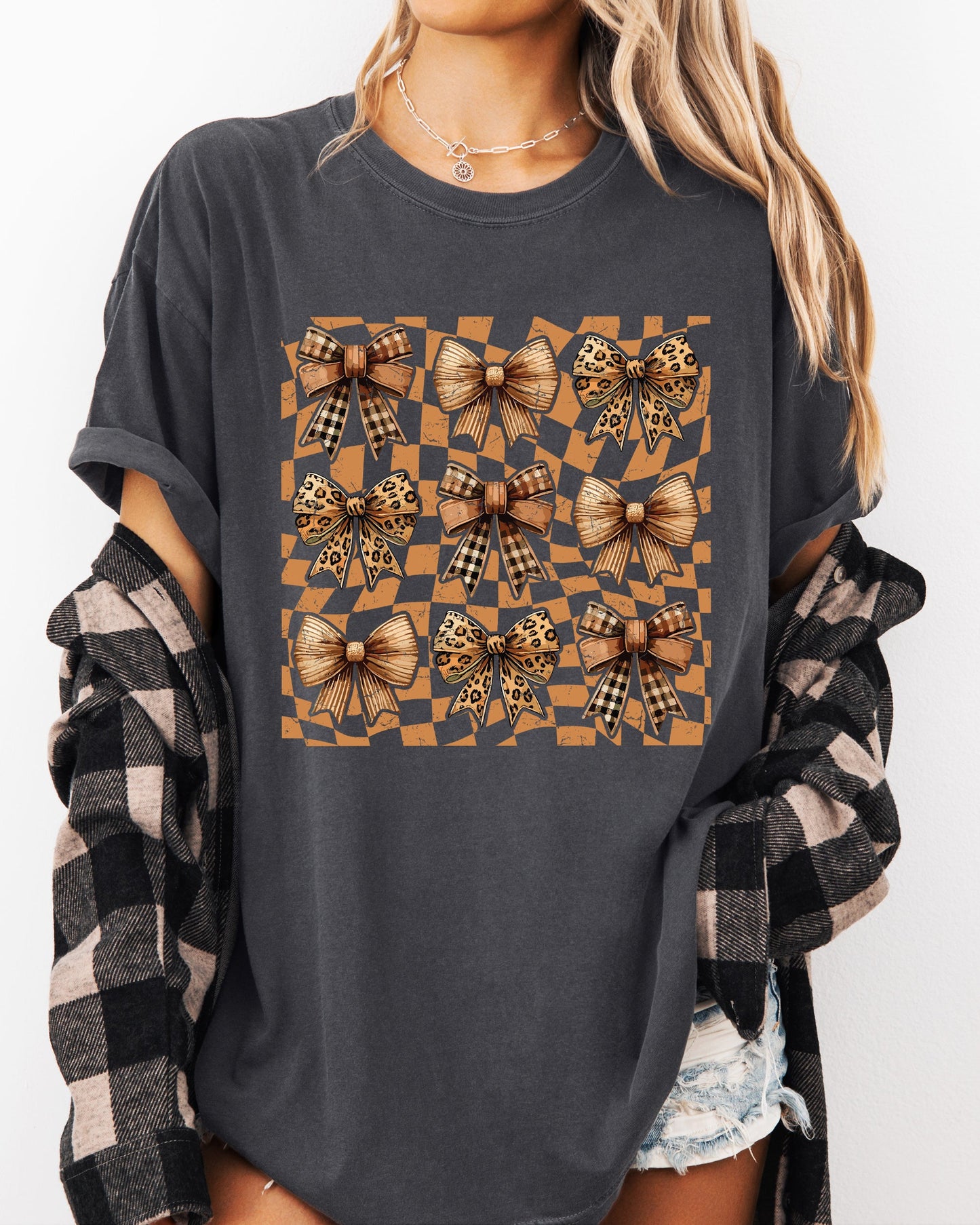Checkered Autumn Coquette Bows and Ribbons Retro Fall Shirt Comfort Colors T-Shirt