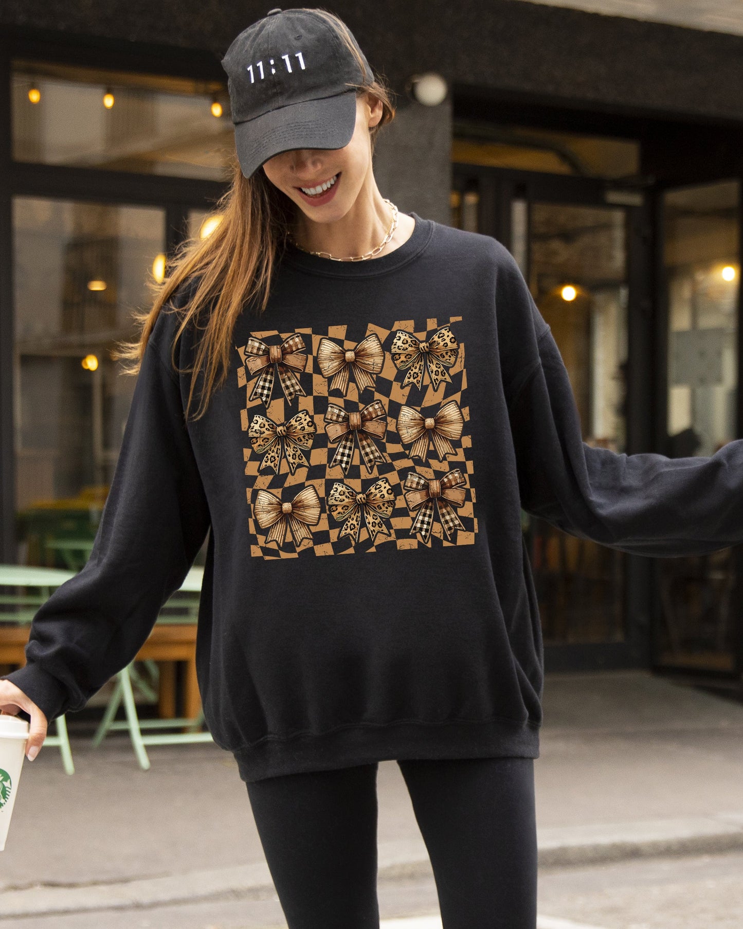 Checkered Autumn Coquette Bows and Ribbons Fall Sweatshirt