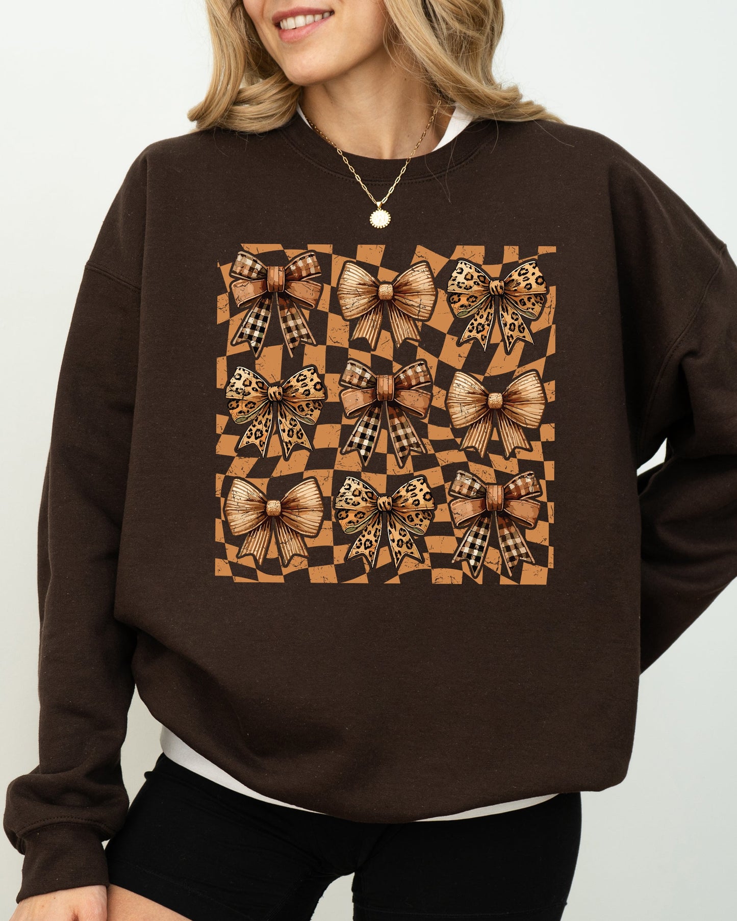 Checkered Autumn Coquette Bows and Ribbons Fall Sweatshirt