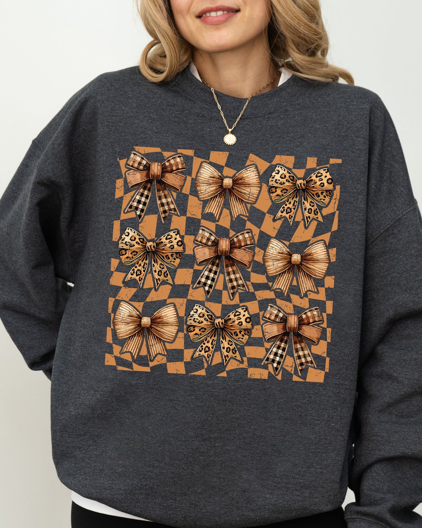 Checkered Autumn Coquette Bows and Ribbons Fall Sweatshirt