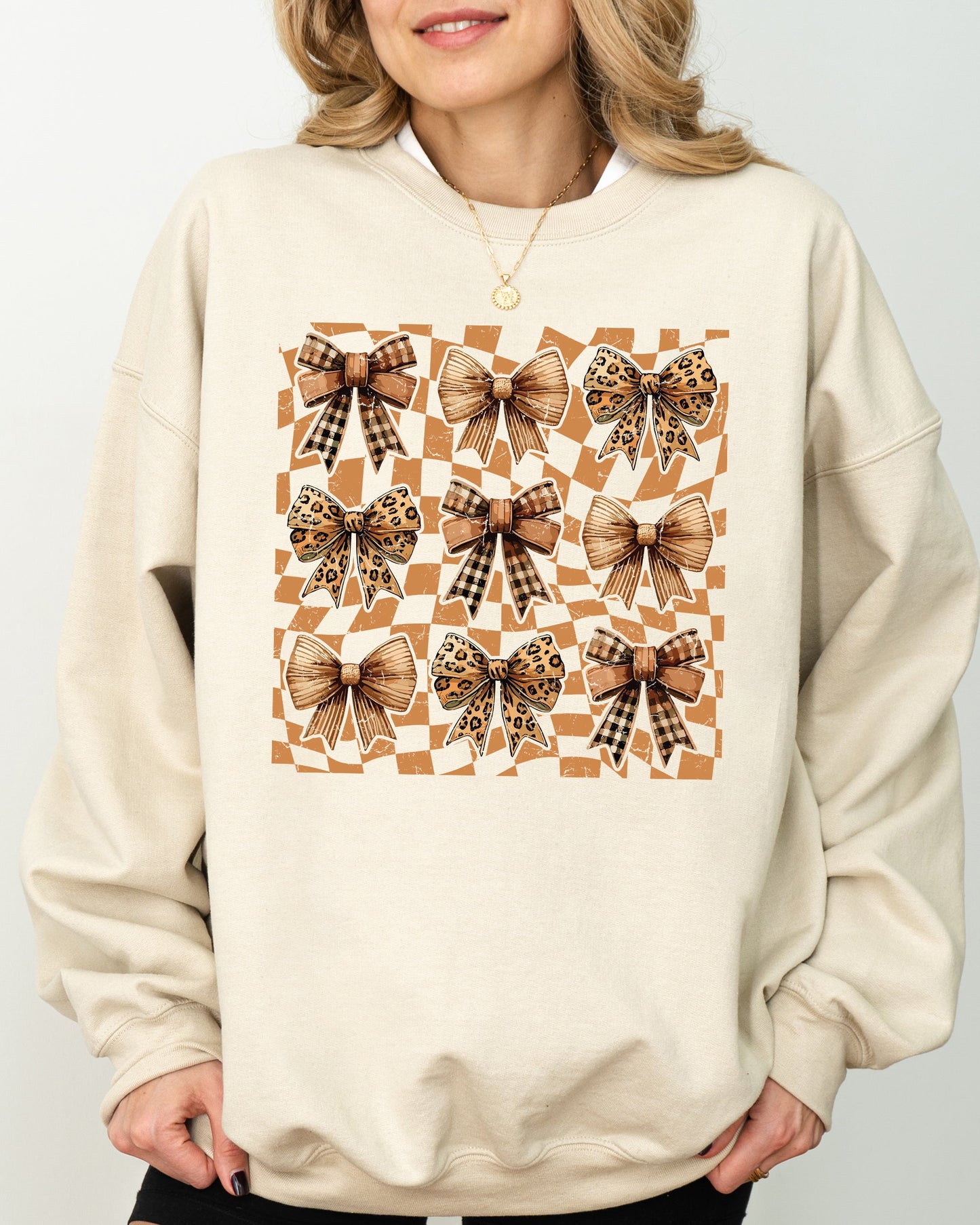 Checkered Autumn Coquette Bows and Ribbons Fall Sweatshirt