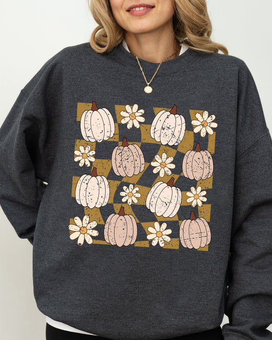 Checkered Pumpkins Cute Retro Hippie Autumn Fall Sweatshirt