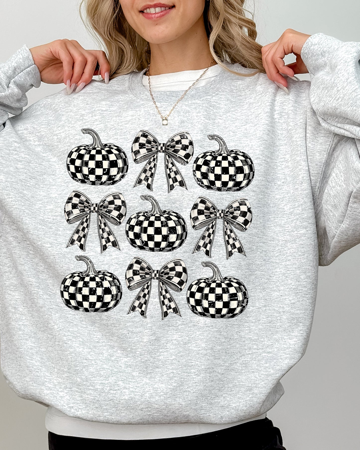 Checkered Retro Pumpkins Coquette Ribbons Bows Fall Sweatshirt